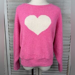 Women's Cozy Soft & Fuzzy Pink Ballet Neck Sweatshirt with White Heart-Medium